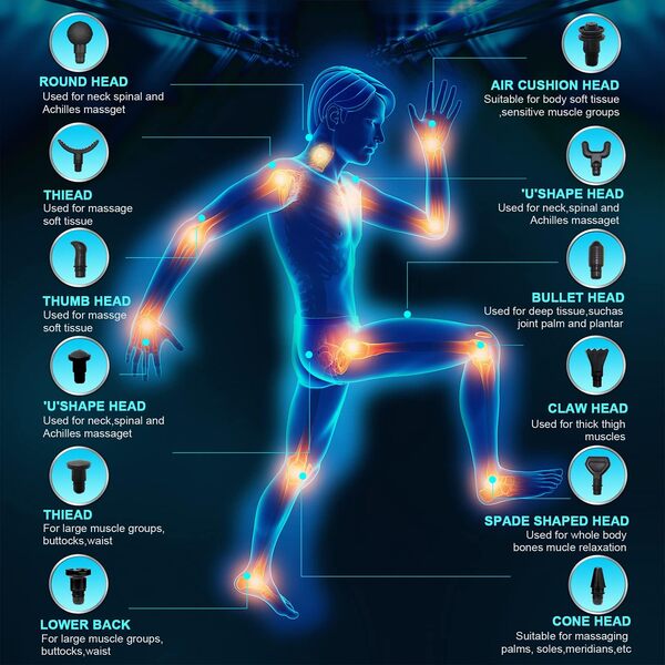 Pistolet de massage Deep Tissue, masseur musculaire à percussion avec 30 vitesses réglables, masseur portable silencieux pour la relaxation du dos de l'athlète, écran tactile LCD avec 12 têtes