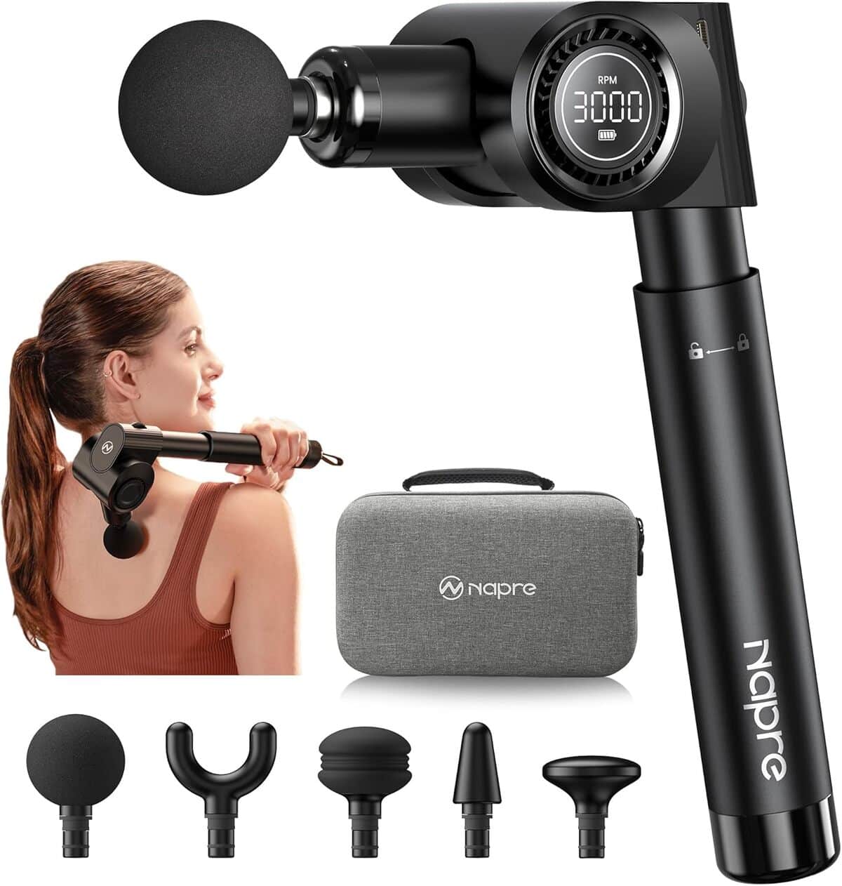 Test du Napre : pistolet de massage pour muscles profonds avec 32 vitesses et poignée extensible