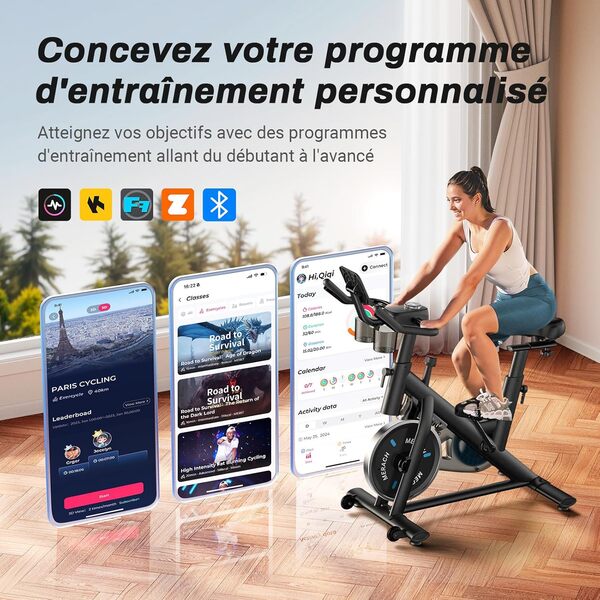 MERACH Vélo d'Appartement pour la Maison - Vélo de Fitness d'Intérieur Silencieux avec Résistance Réglable, Écran LCD, Siège Confortable, pour Entraînement Cardio, App Exclusive, Capacité Max 136KG