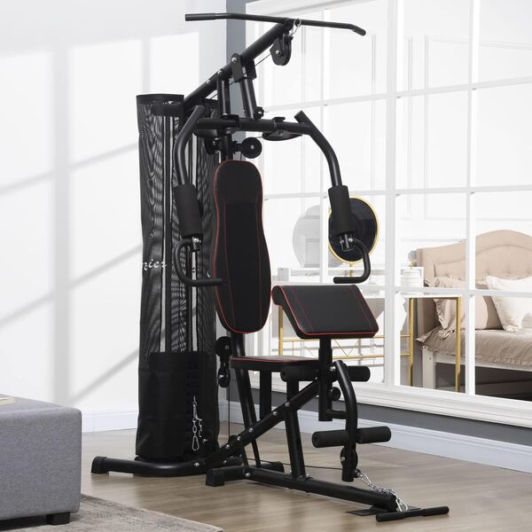 HOMCOM Station de Musculation - entraînement Complet Multifonction - développé couché, Butterfly, Barre latissimus, Curler, Bande résistance - 10 contrepoids 45 kg en Total - Acier