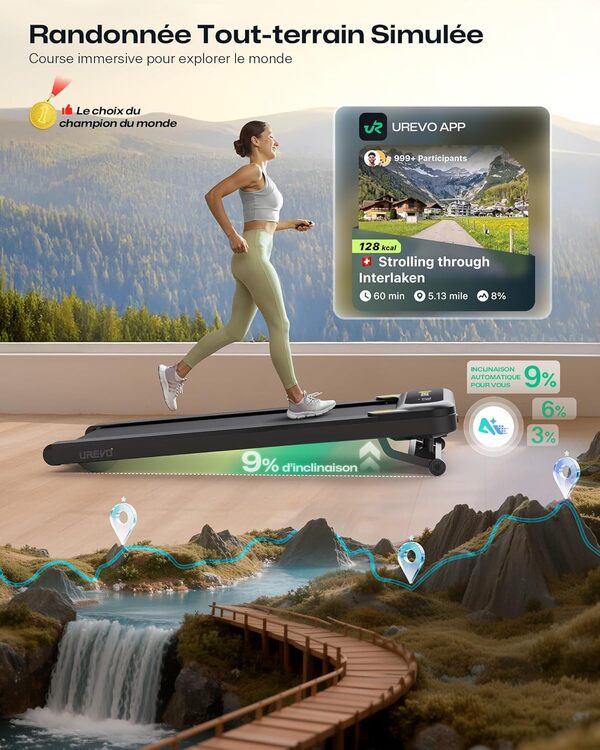 UREVO Tapis de Course Inclinaison Automatique à 9%,Tapis de Marche Inclinable À SmartAPP, Walking Pad Silencieux avec Musique Alimentés par IA, Programmes HIIT Synchronisés avec Parcours Pittoresque