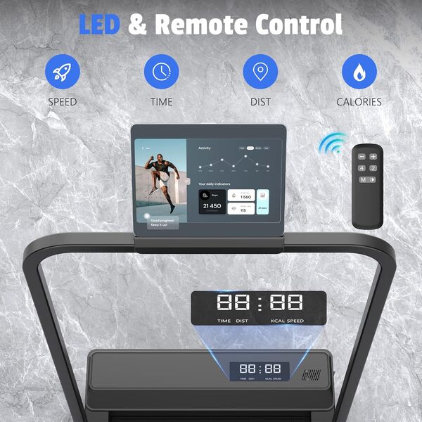 Tapis de Marche Course Pliable - Walking Pad, Treadmill Roulant de Sport Portable Petit Electrique Motorise avec Télécom, 4 en 1 LED et 90° Tablet Holder for Bureau Home Fitness 110kg Max 6KM/H