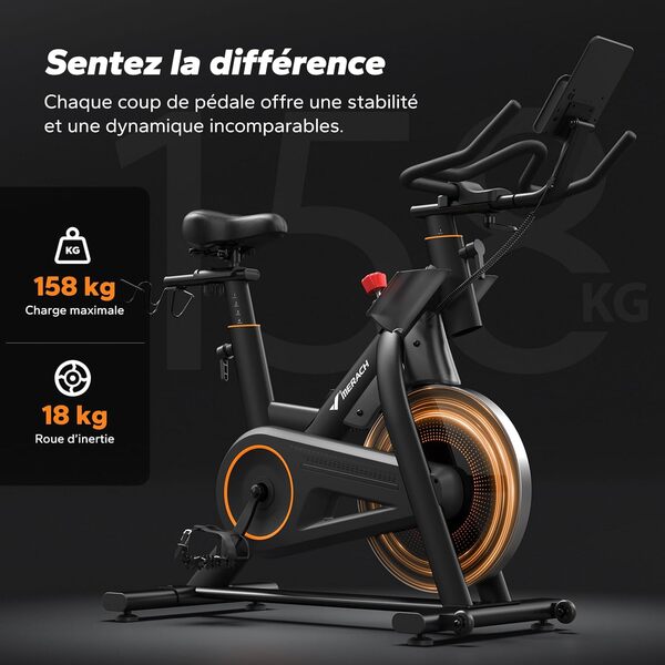 MERACH Vélo d'appartement avec résistance magnétique, silencieux, coussin d'assise confortable, avec support pour tablette, application personnelle, jusqu'à 158 kg