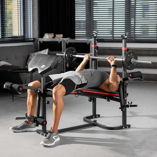 HOP-SPORT® Banc de Musculation Pliable Inclinable avec Poulie Haute, Banc d'entraînement Complet, Support d'haltères et Presse à Jambes, Multifonction pour Le Développé Couché avec Papillon au Choix