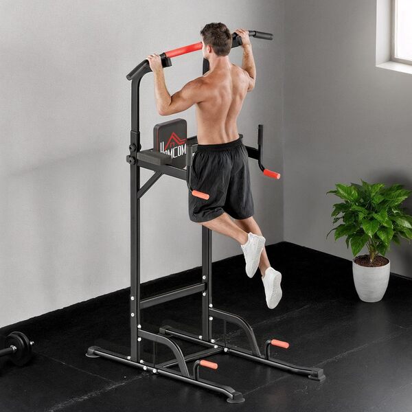 Homcom Station de fitness Barre de traction, 4 vents, hauteur réglable 181 – 229 cm, en acier, noir rouge, charge maximale 120 kg